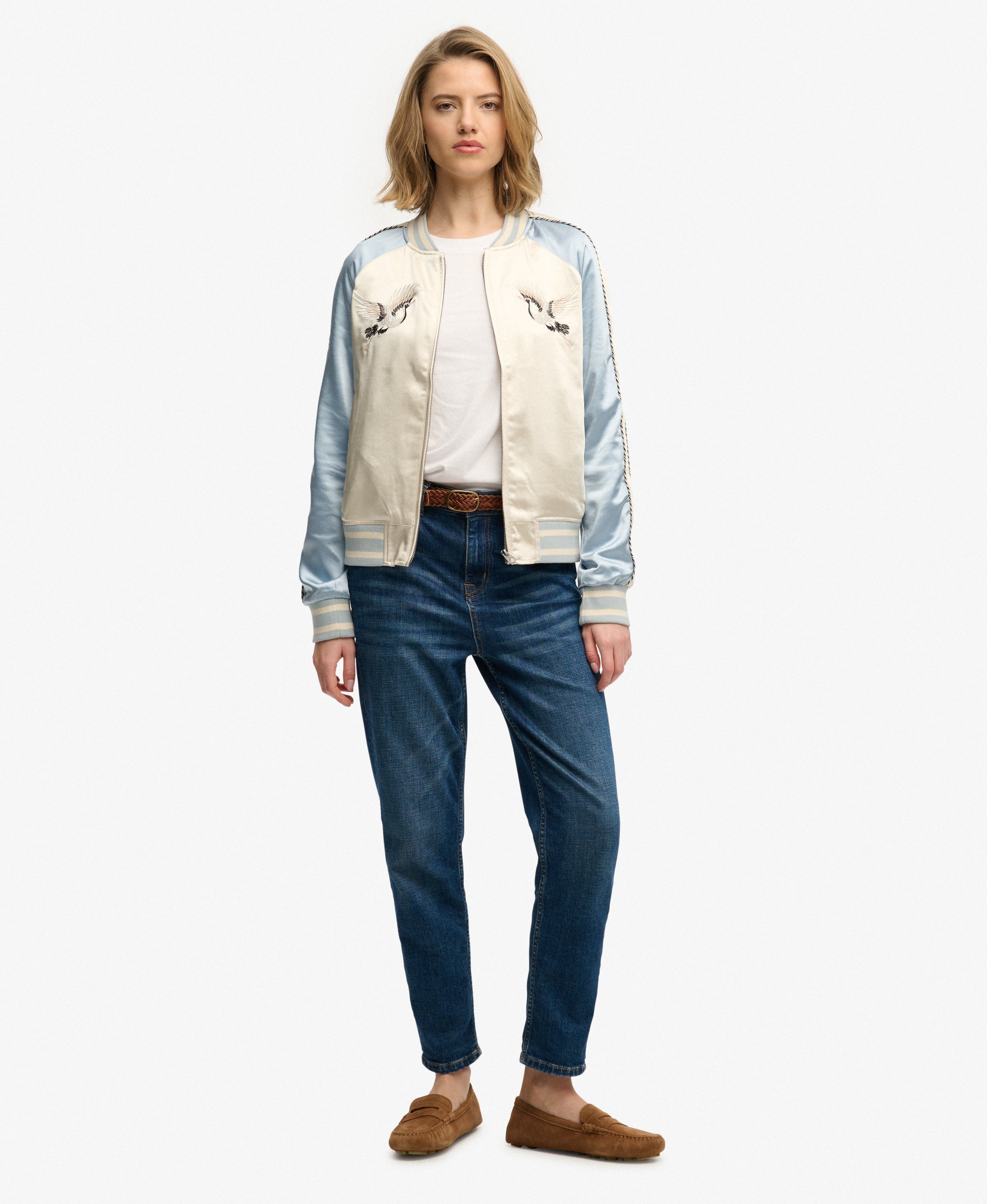 womens Suikajan Embroidered Bomber Jacket in Blue Fog | Superdry US