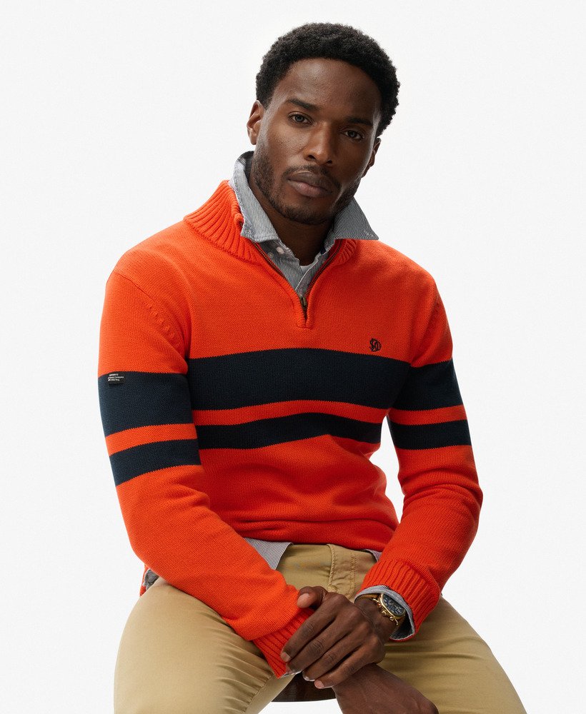 mens Cotton Stripe Half Zip Knit in BOLD ORANGE/ECLIPSE NAVY