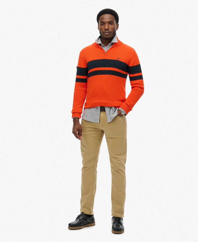 mens Cotton Stripe Half Zip Knit in BOLD ORANGE/ECLIPSE NAVY