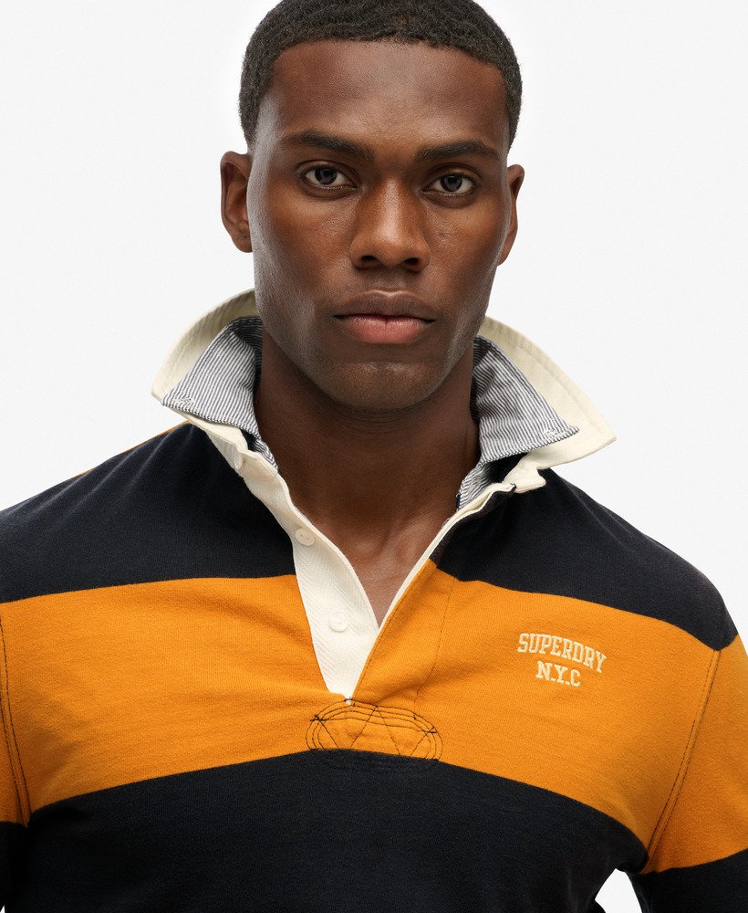 mens Vintage Athletic Stripe Rugby Top in Eclipse Navy/Track Gold