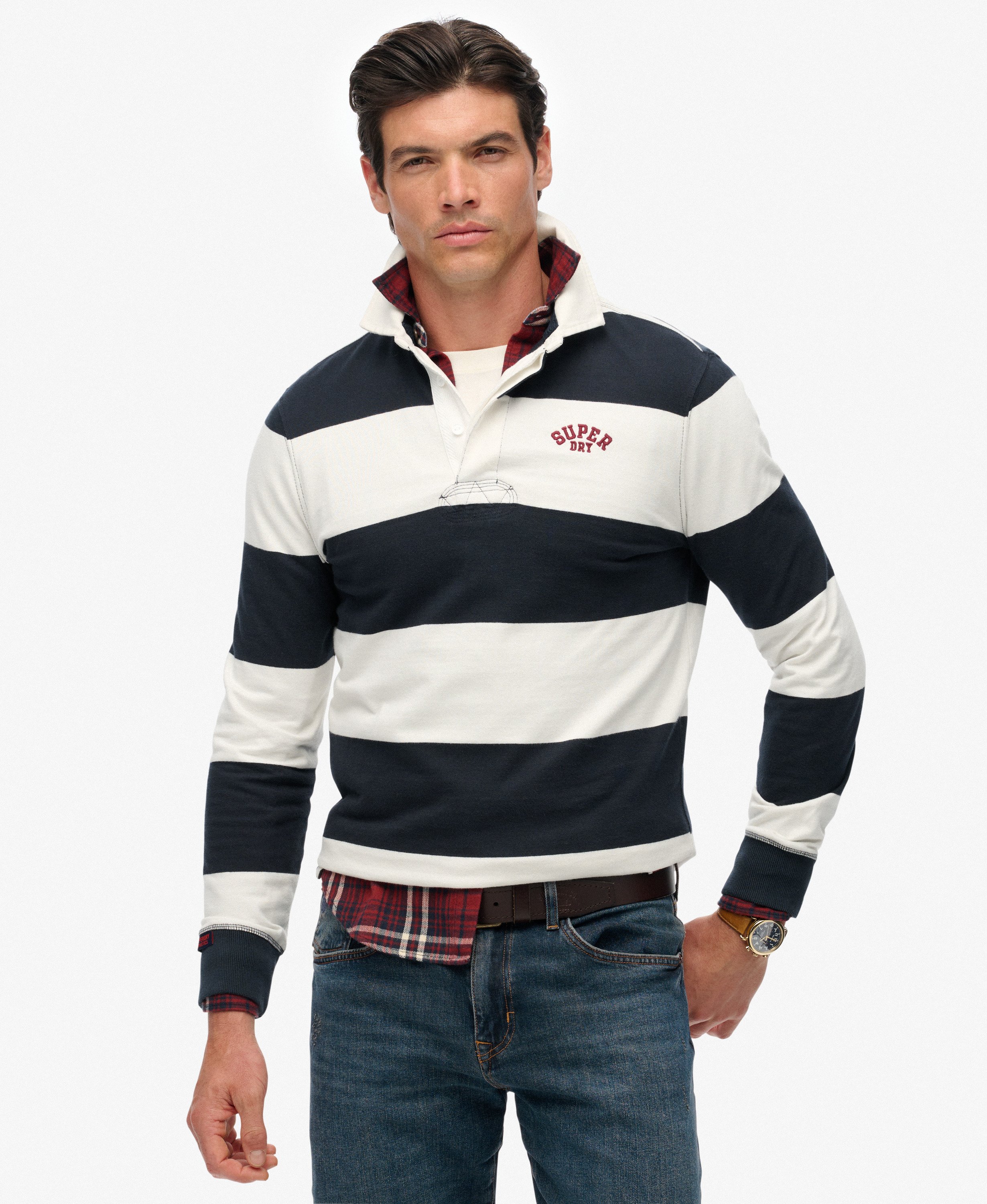mens Vintage Athletic Stripe Rugby Top in Eclipse Navy/Ecru