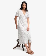 Abito Midi a Maniche Corte con Bottoni e Stampa