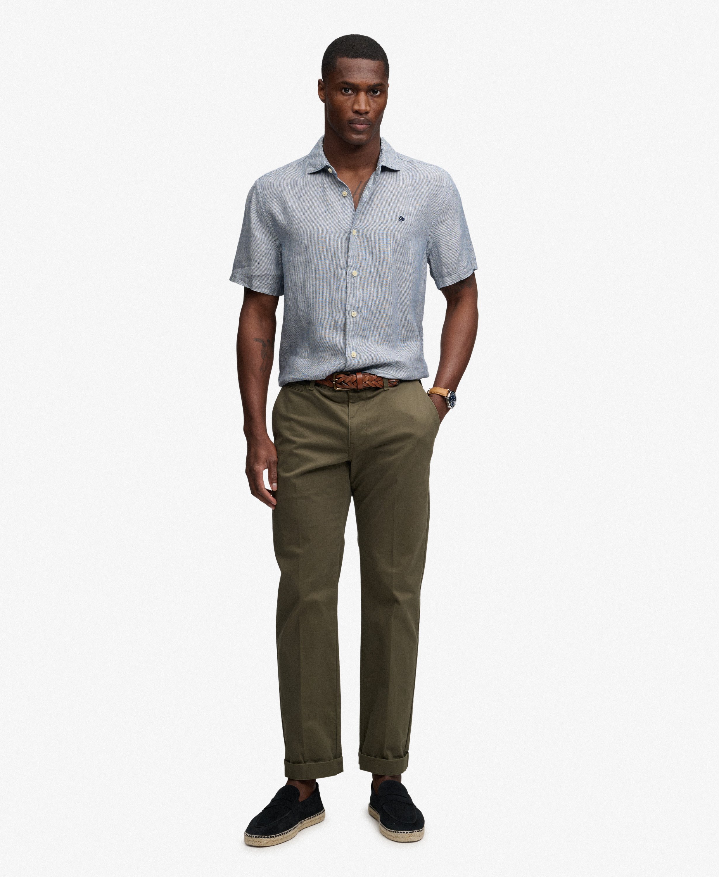 mens Riviera Short Sleeve Linen Shirt in Ticking Navy Stripe