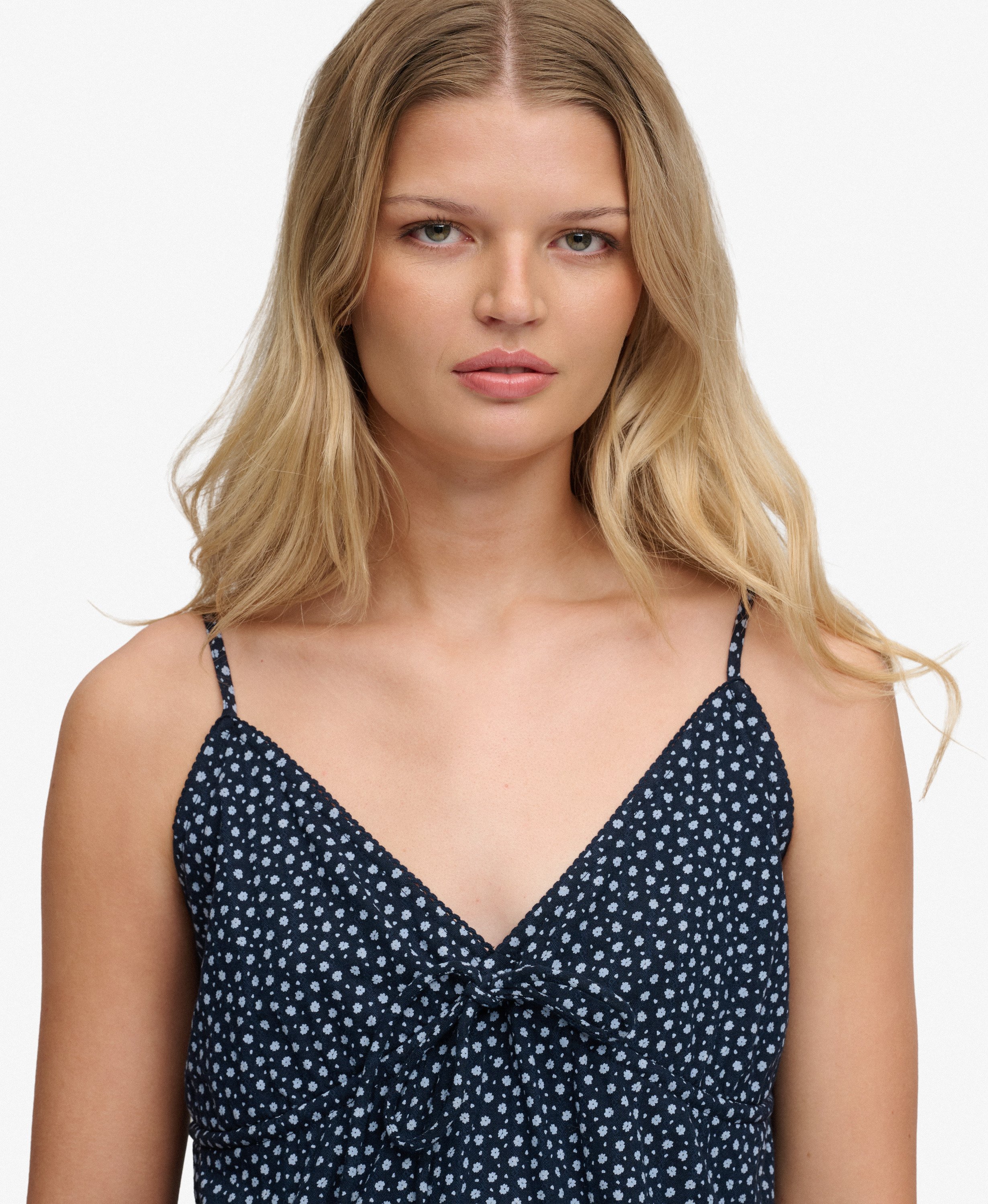 womens Textured Woven Cami Dress in Navy Blue Ditsy Hearts