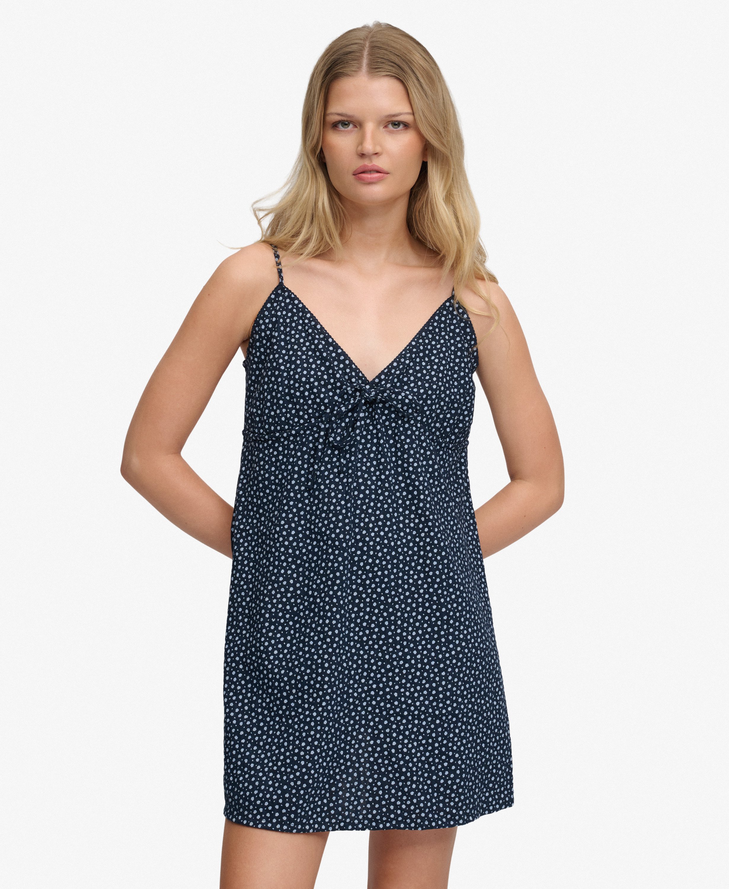 womens Textured Woven Cami Dress in Navy Blue Ditsy Hearts