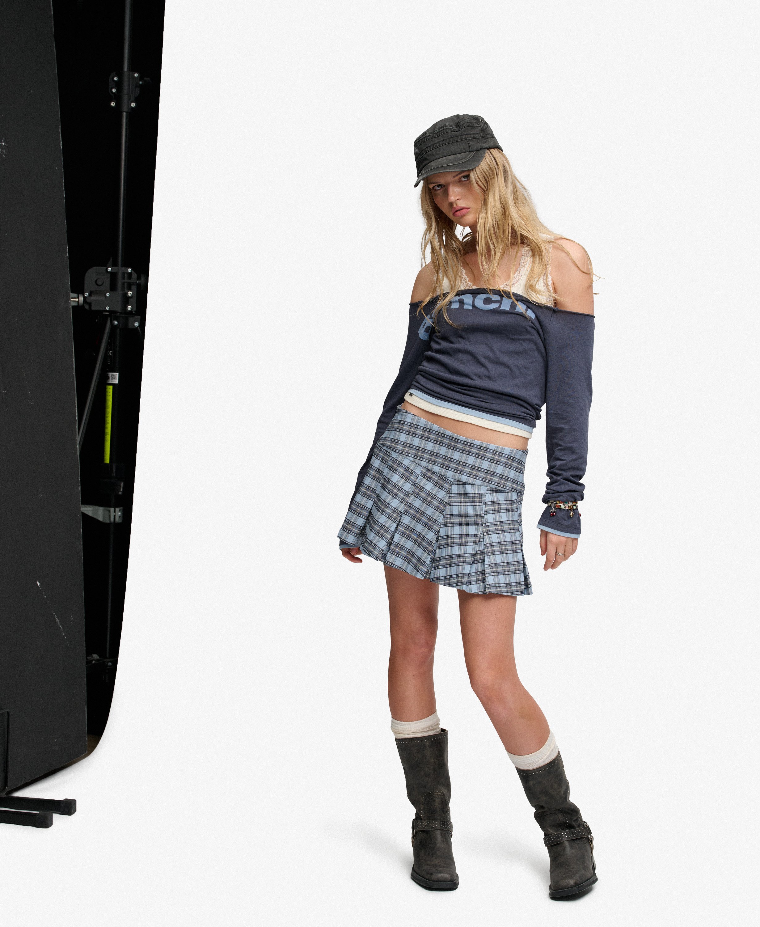womens Bench Logo Pleated Check Mini Skirt in Blue Moody Check