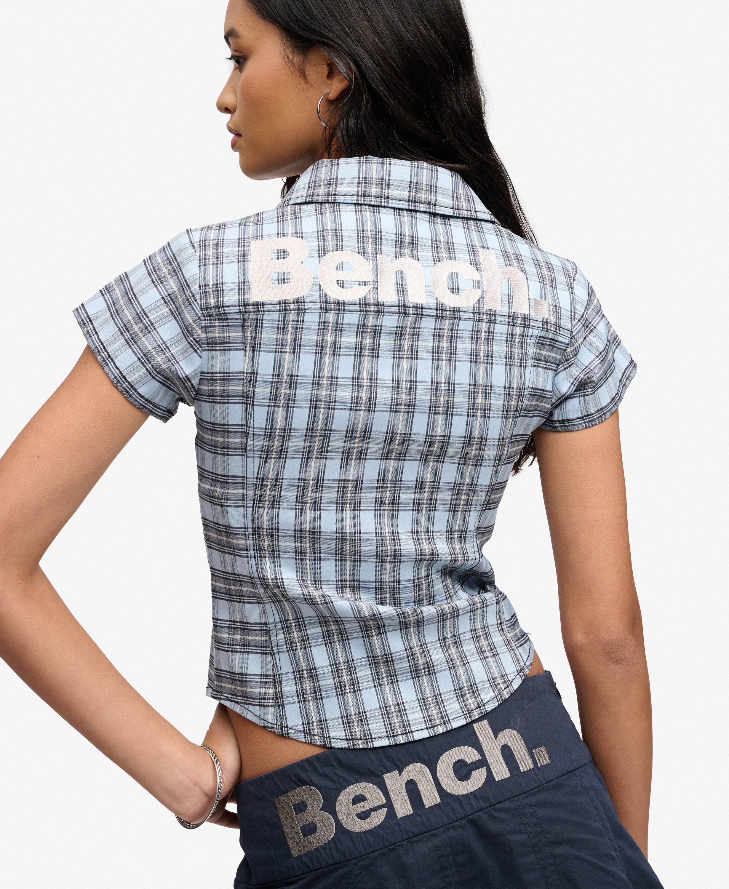 womens Bench Fitted Check Short Sleeve Shirt in Blue Moody Check ...