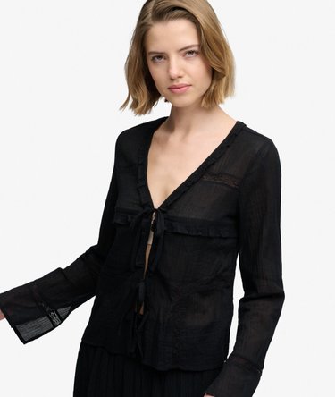 Long Sleeve Lace Tie Front Top Image 2