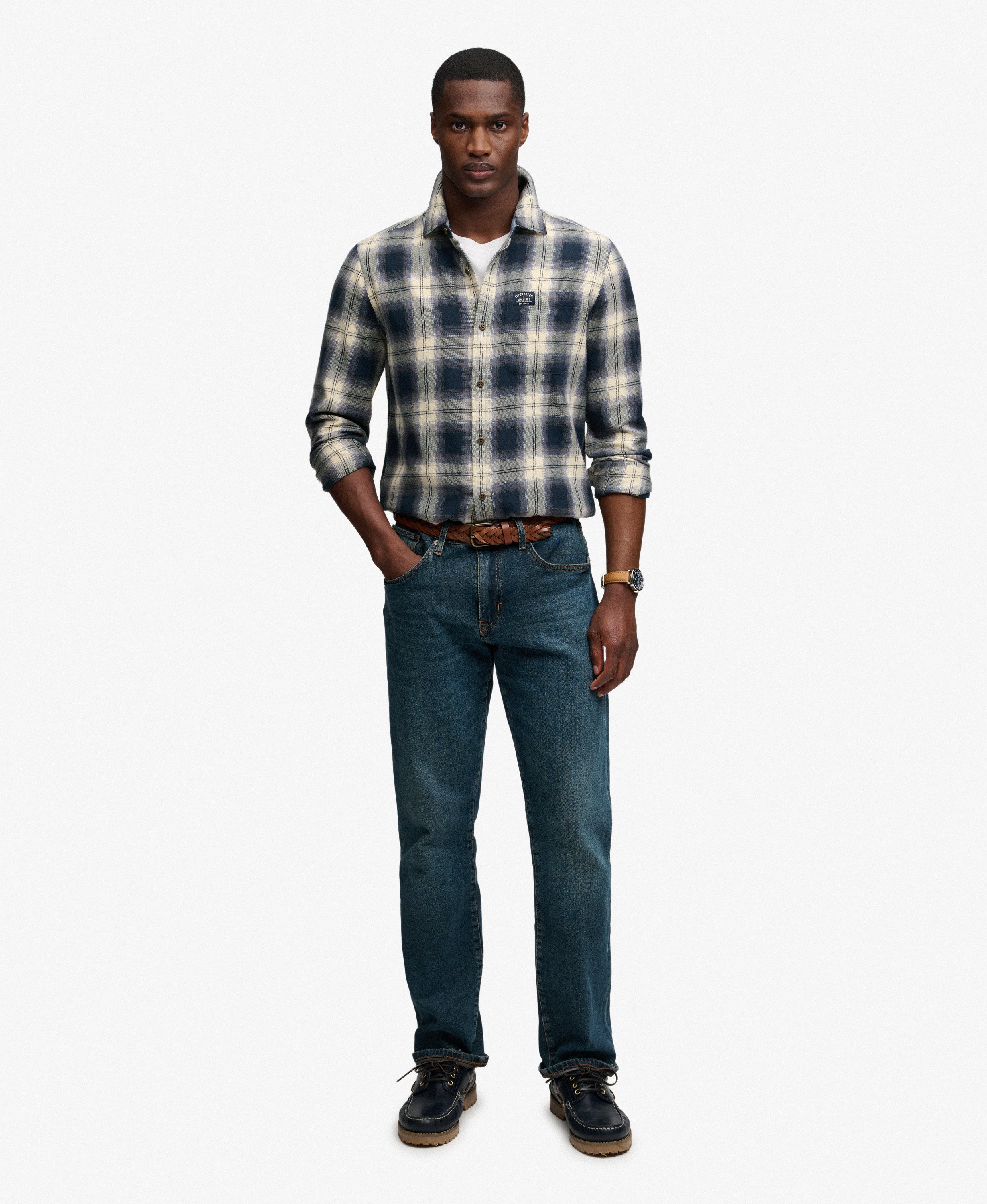 mens Long Sleeve Cotton Lumberjack Shirt in Cedar Check Navy
