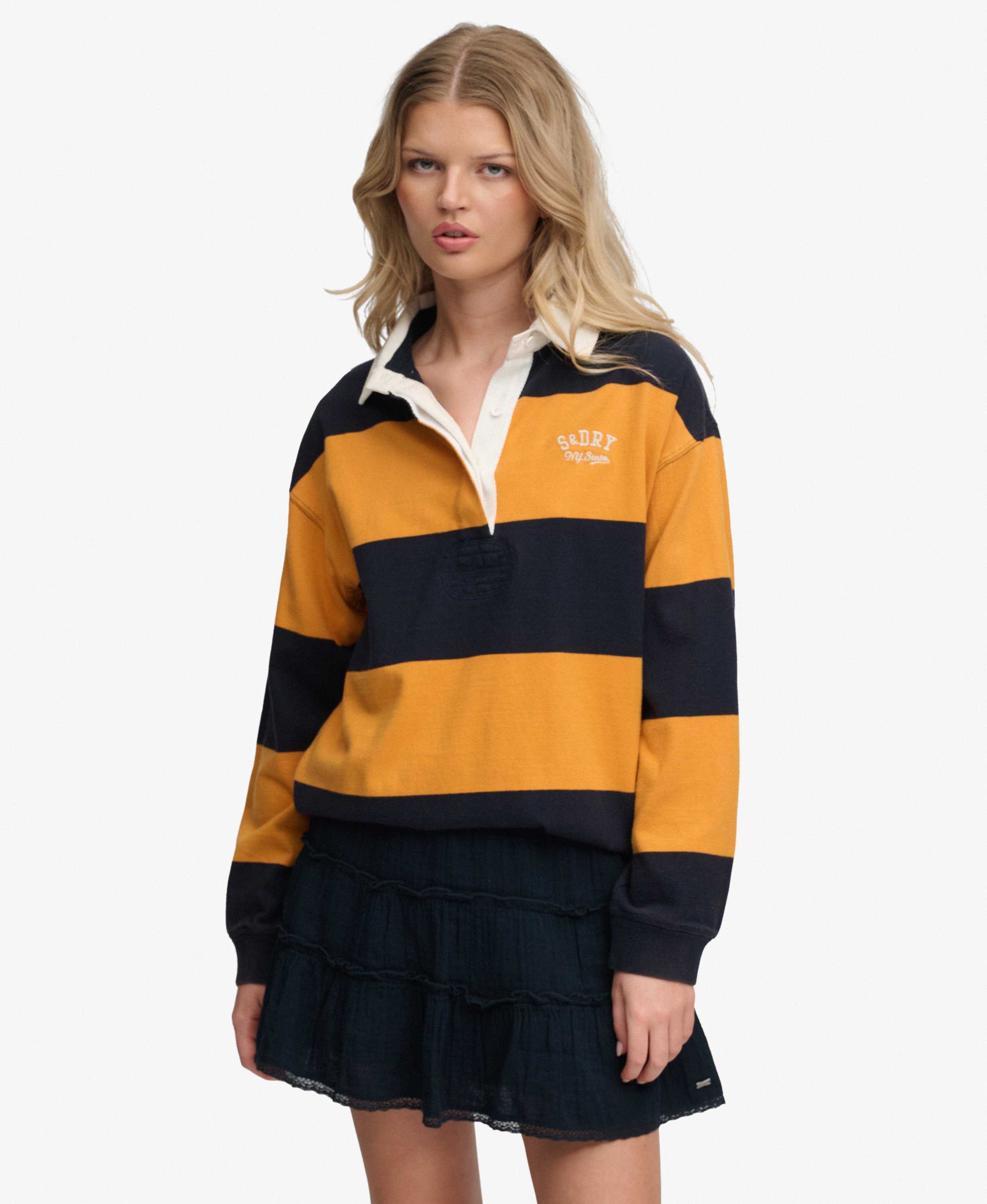 womens Heritage Stripe Rugby Top in Navy/Track Gold | Superdry UK
