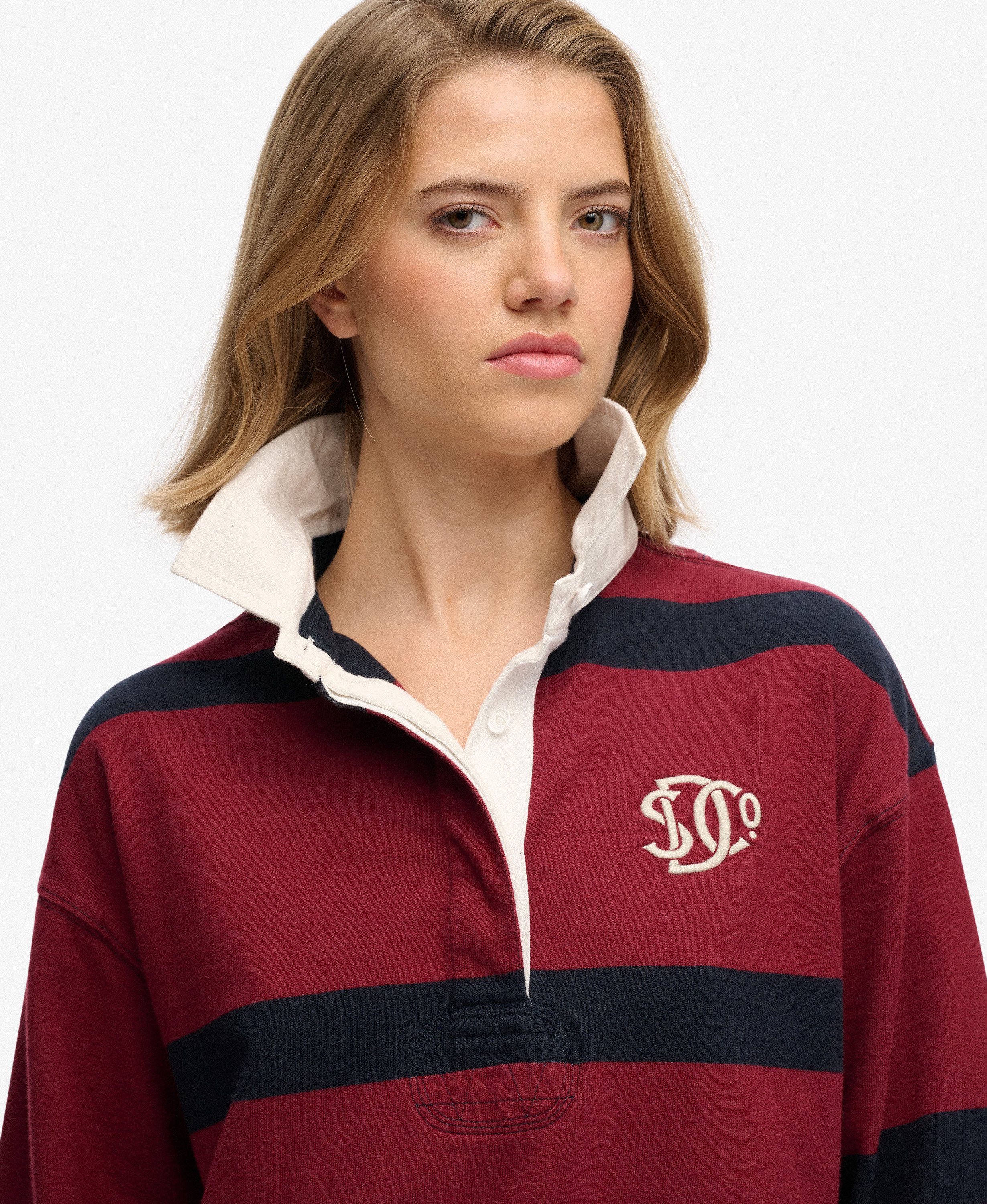 womens Heritage Stripe Rugby Top in Port Red/Navy | Superdry UK