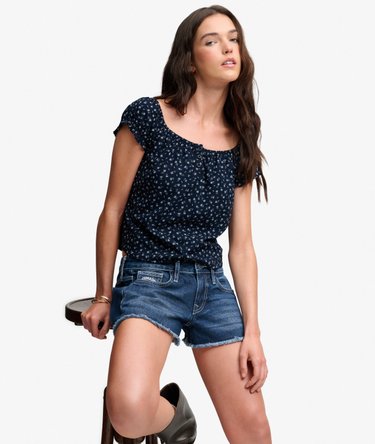 Short Sleeve Half Button Woven Top Image 2
