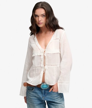 Long Sleeve Lace Tie Front Top Image 1