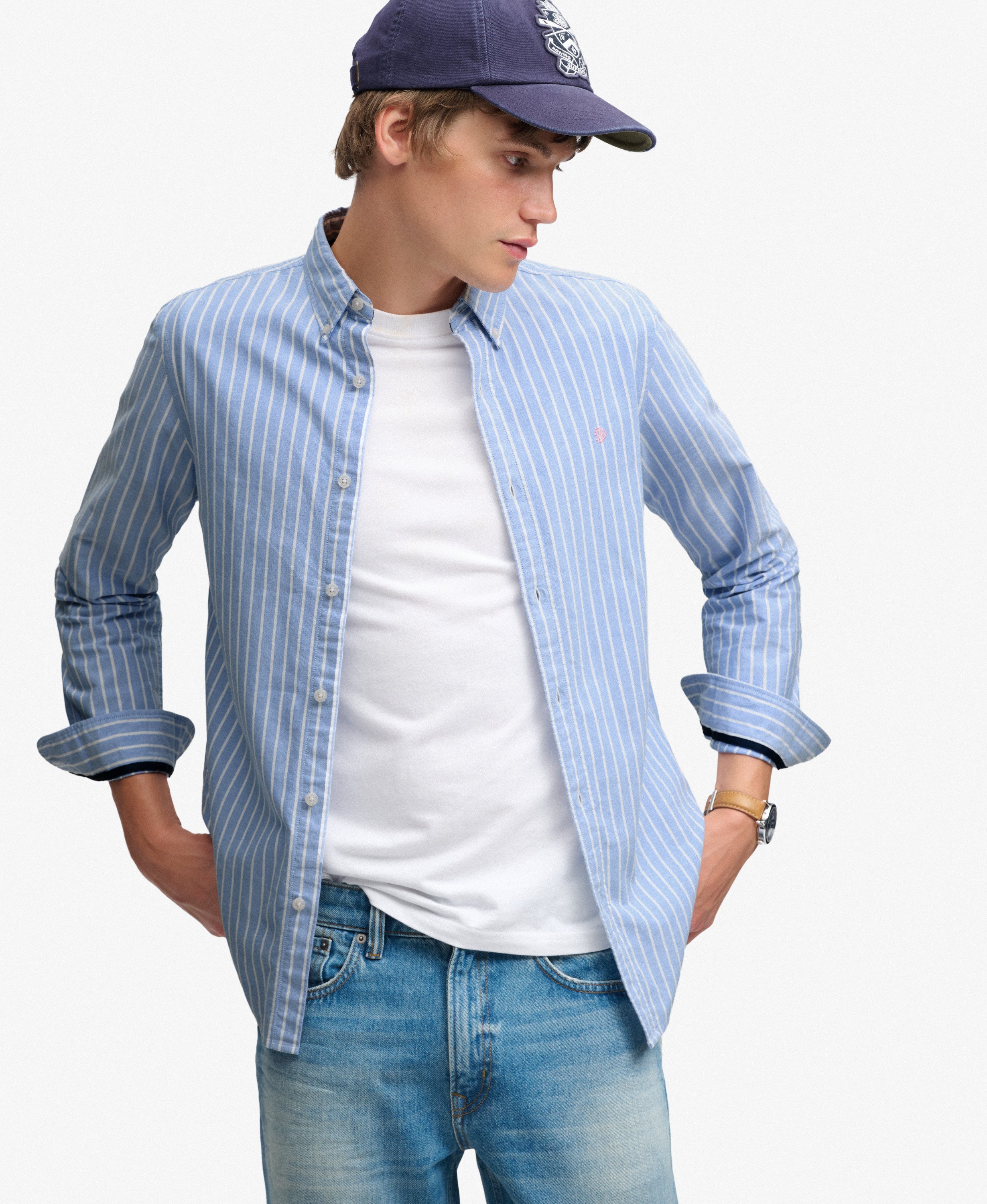 mens Classic Oxford Long Sleeve Shirt in BROKER BLUE STRIPE