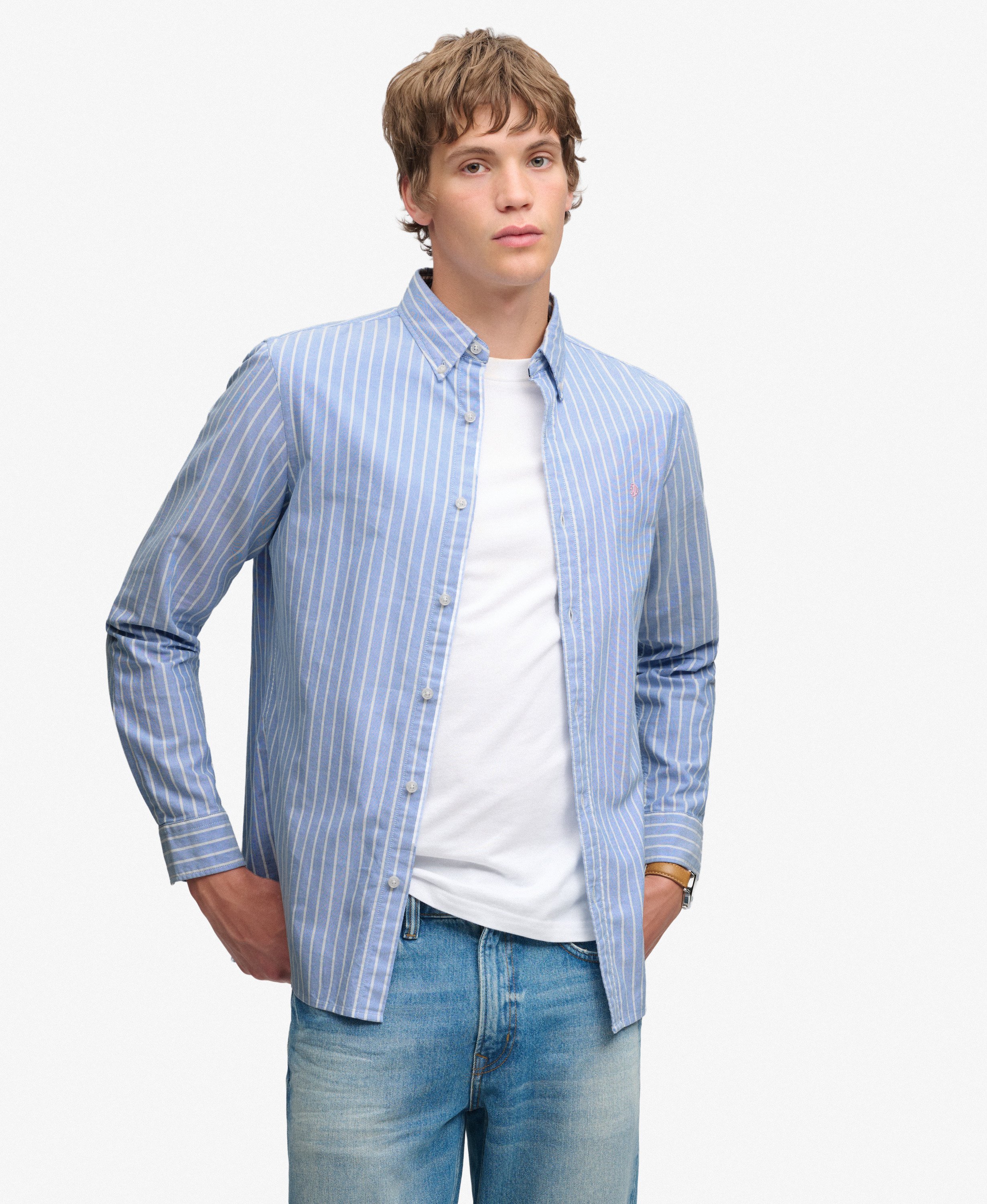 mens Classic Oxford Long Sleeve Shirt in BROKER BLUE STRIPE