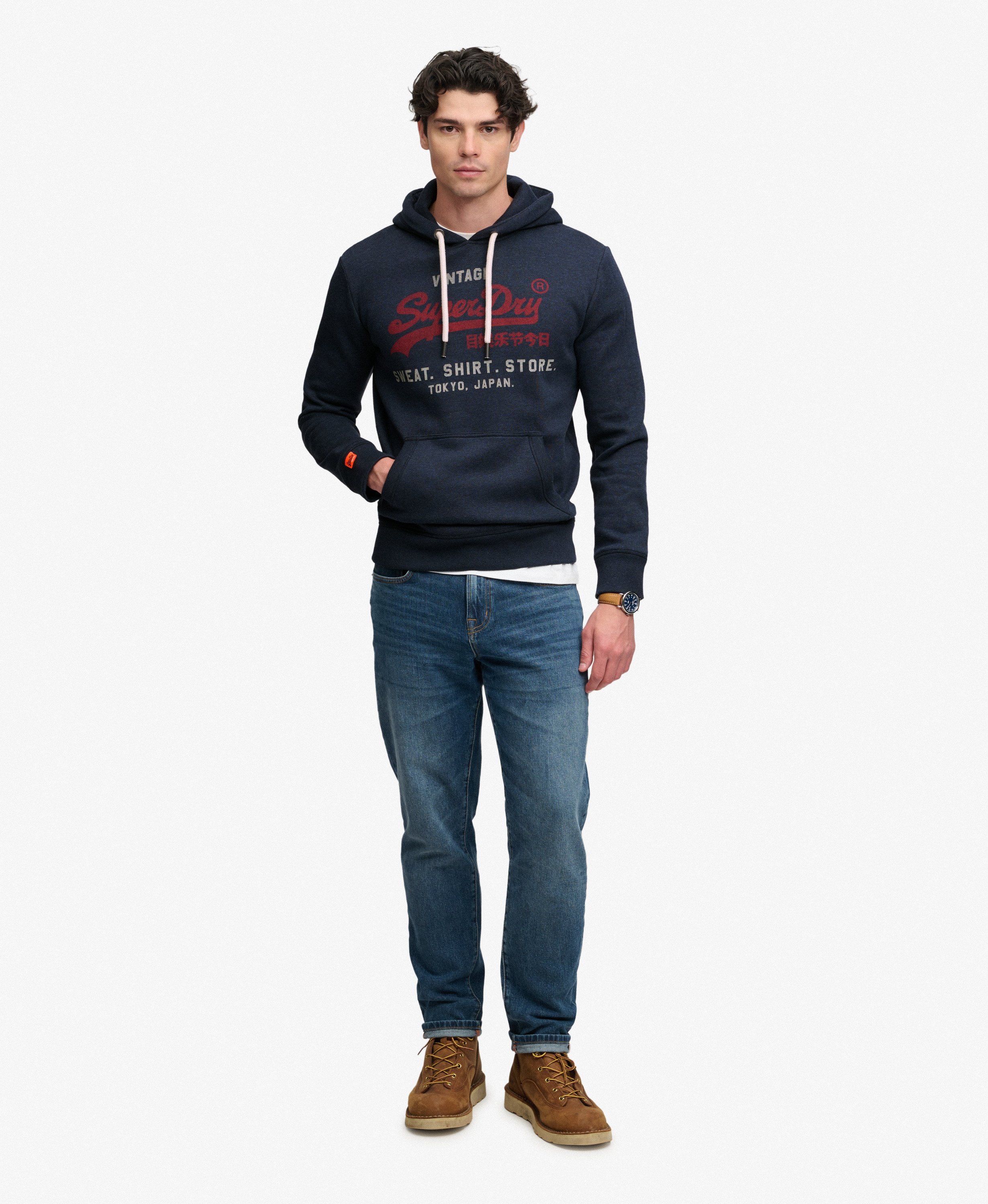 mens Vintage Logo Heritage Relaxed Hoodie in Trench Navy Marl