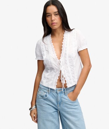 Lace Trim Tie Blouse Image 1