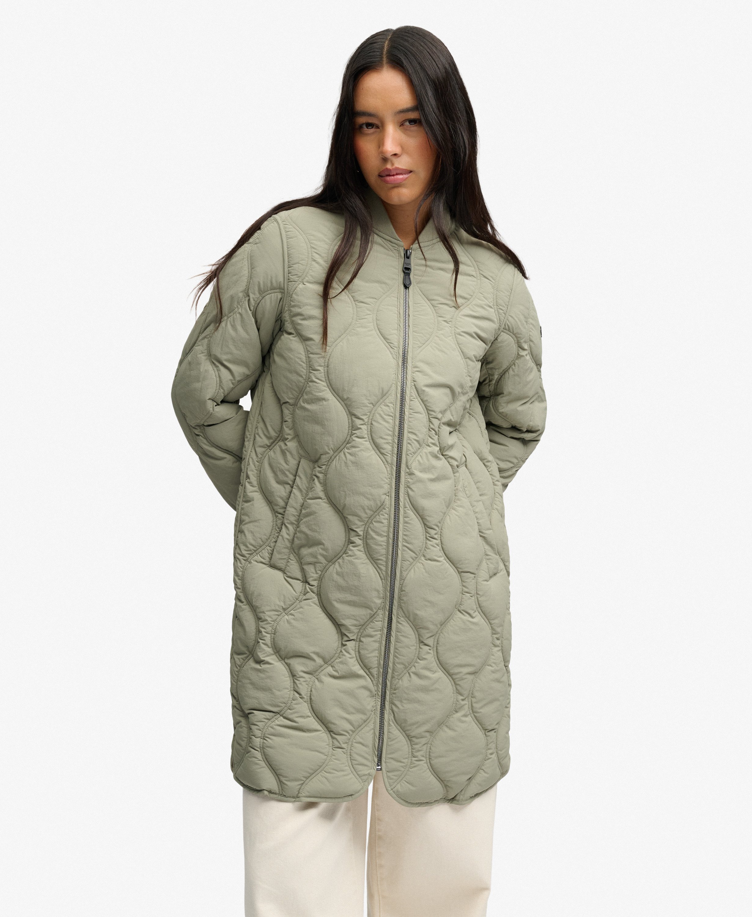 womens Longline Onion Quilt Liner Jacket in Light Khaki Green