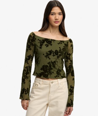 Flocked Mesh Long Sleeve Top Image 1