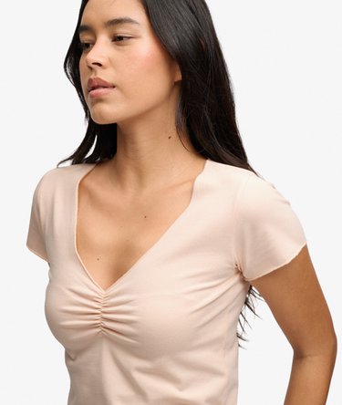 T-shirt Crop Col V Fronc&eacute; Coupe Ajust&eacute;e Image 4