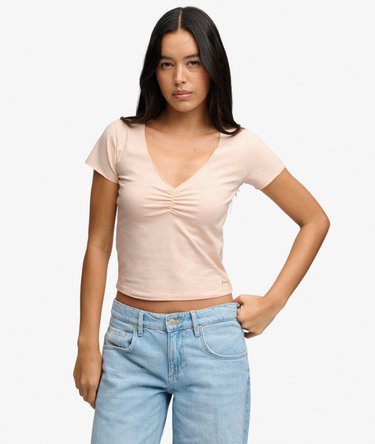 T-shirt Crop Col V Fronc&eacute; Coupe Ajust&eacute;e Image 1