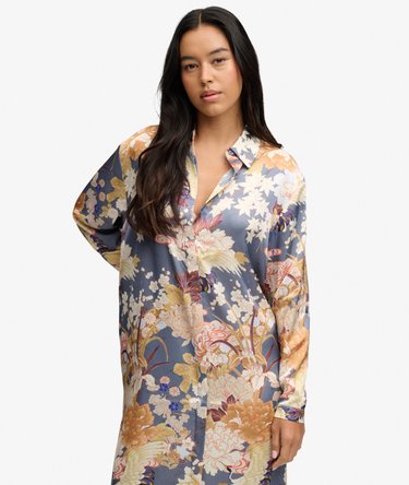 Satin Print Floral Maxi Shirt Dress Image 2