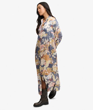 Satin Print Floral Maxi Shirt Dress Image 4