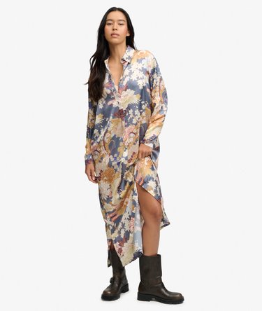 Satin Print Floral Maxi Shirt Dress Image 1