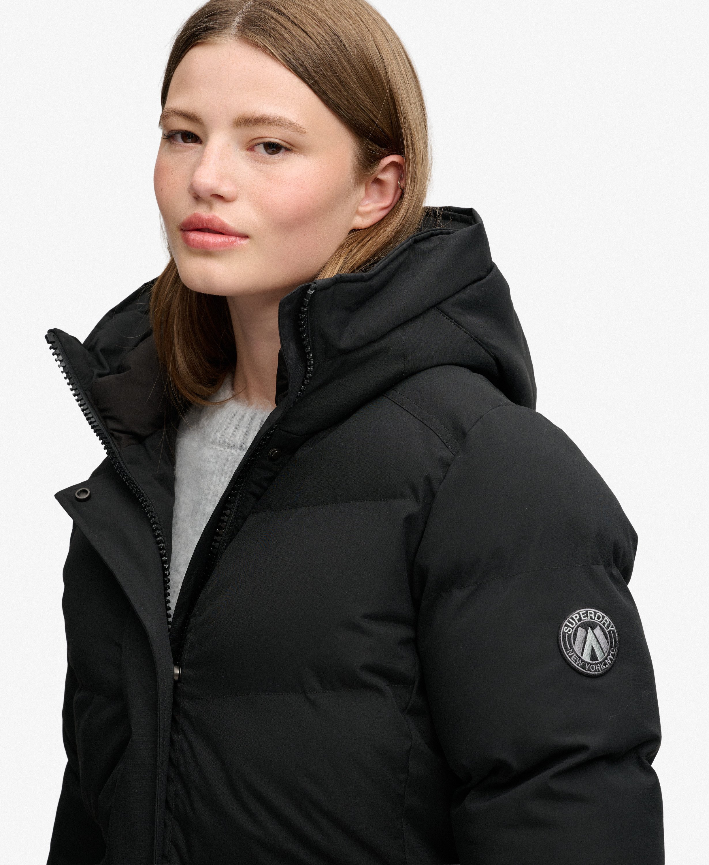 womens City Chevron Padded Longline Coat in Black | Superdry US