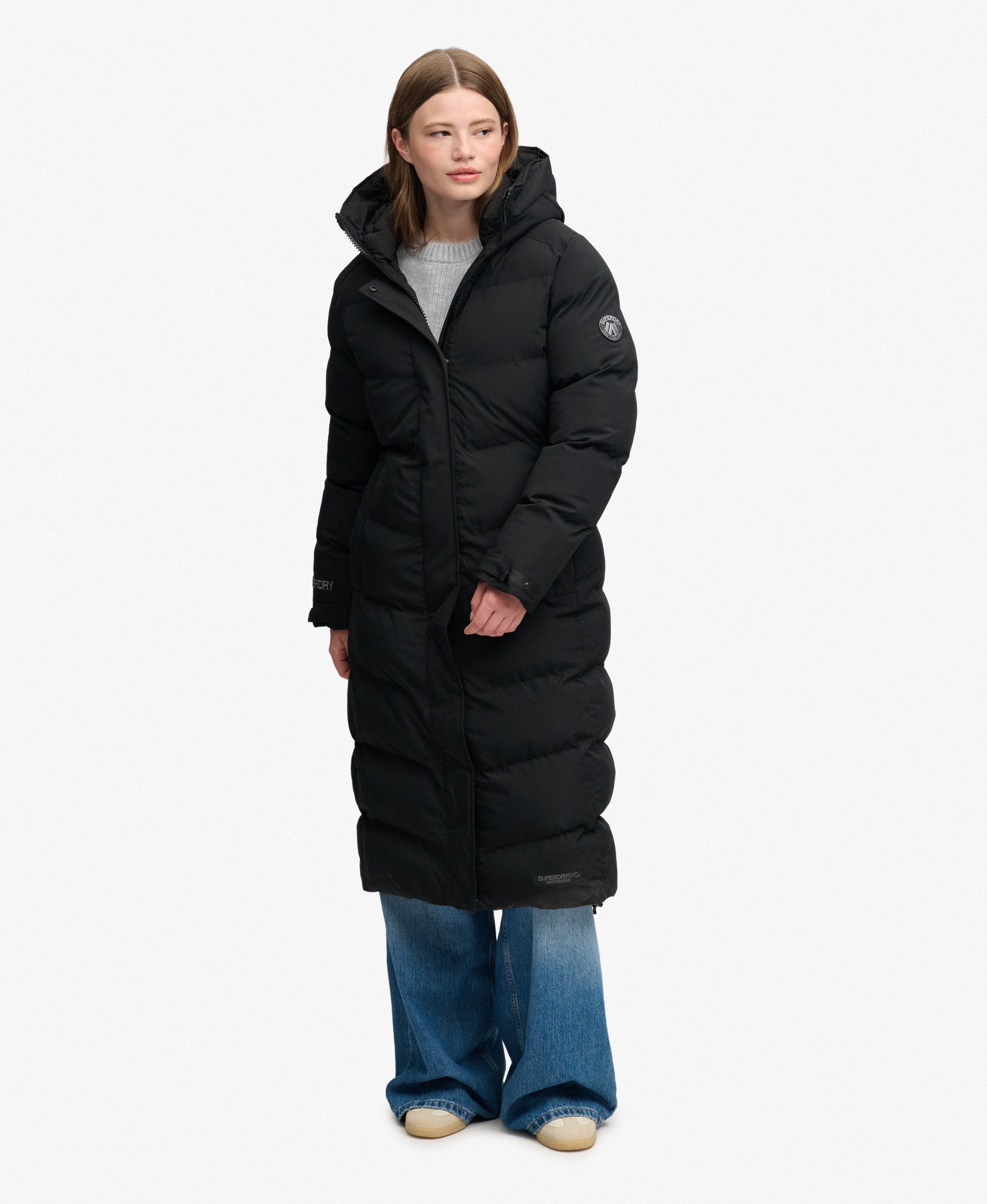 womens City Chevron Padded Longline Coat in Black | Superdry US