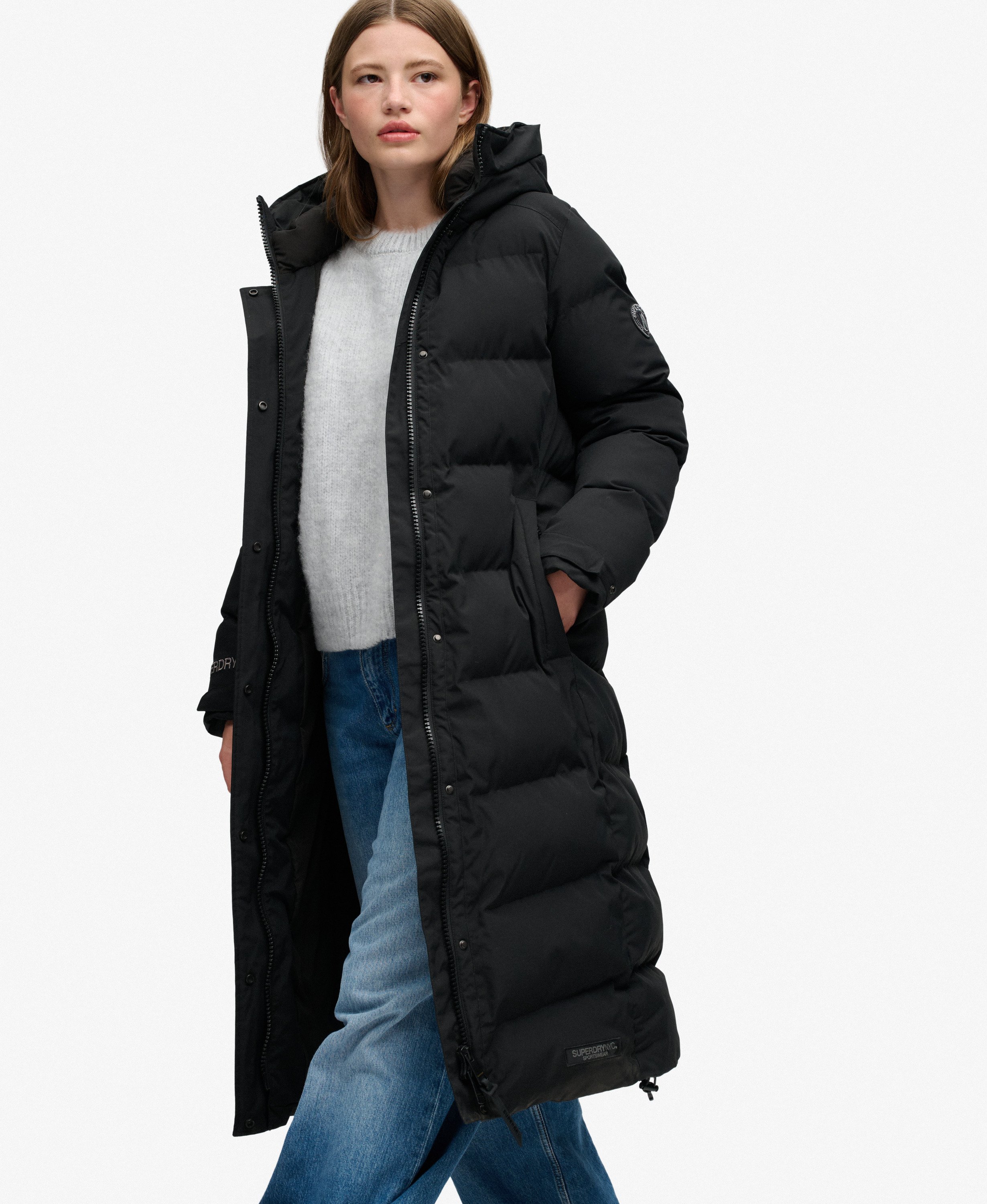 womens City Chevron Padded Longline Coat in Black | Superdry US