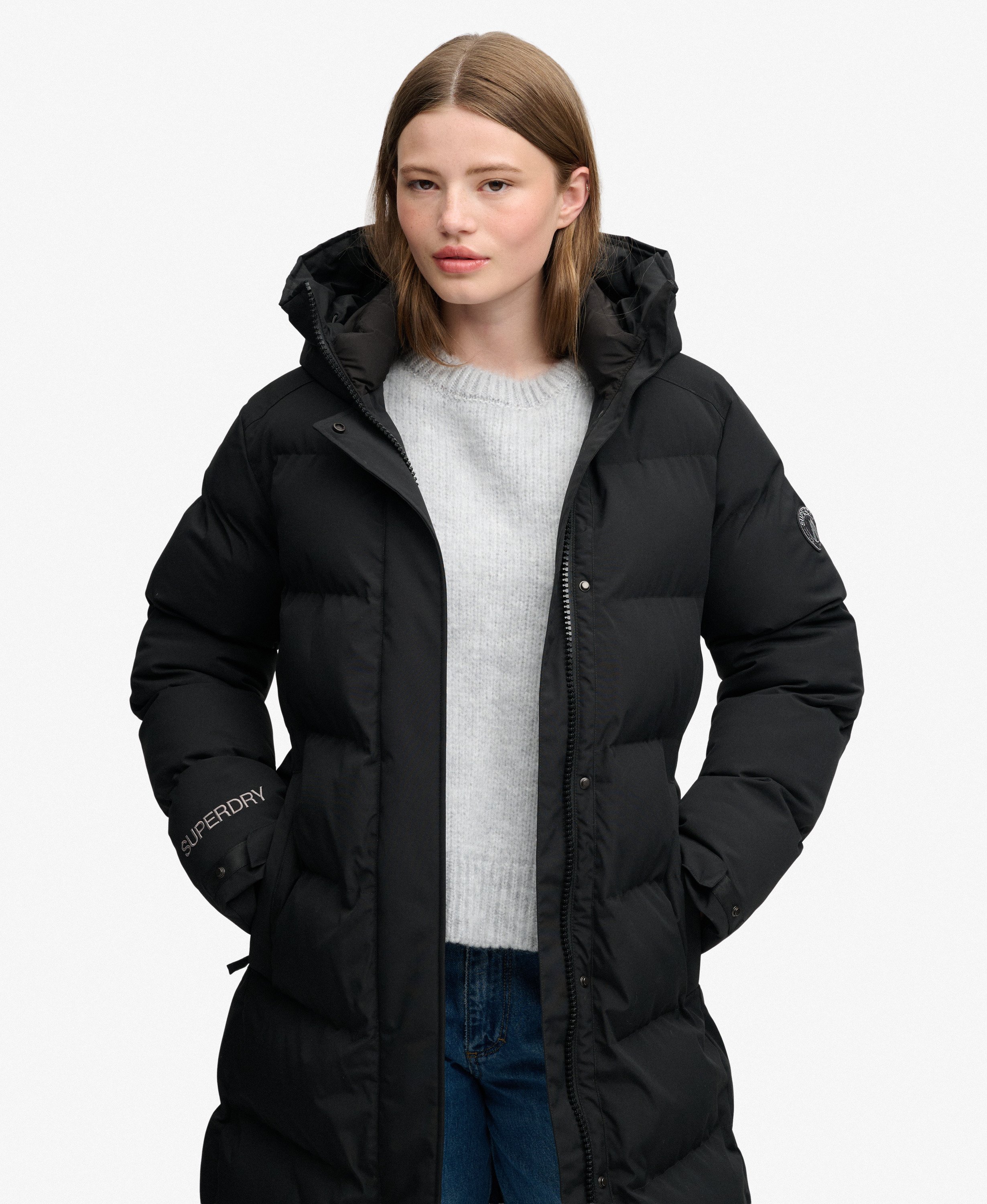 womens City Chevron Padded Longline Coat in Black | Superdry US