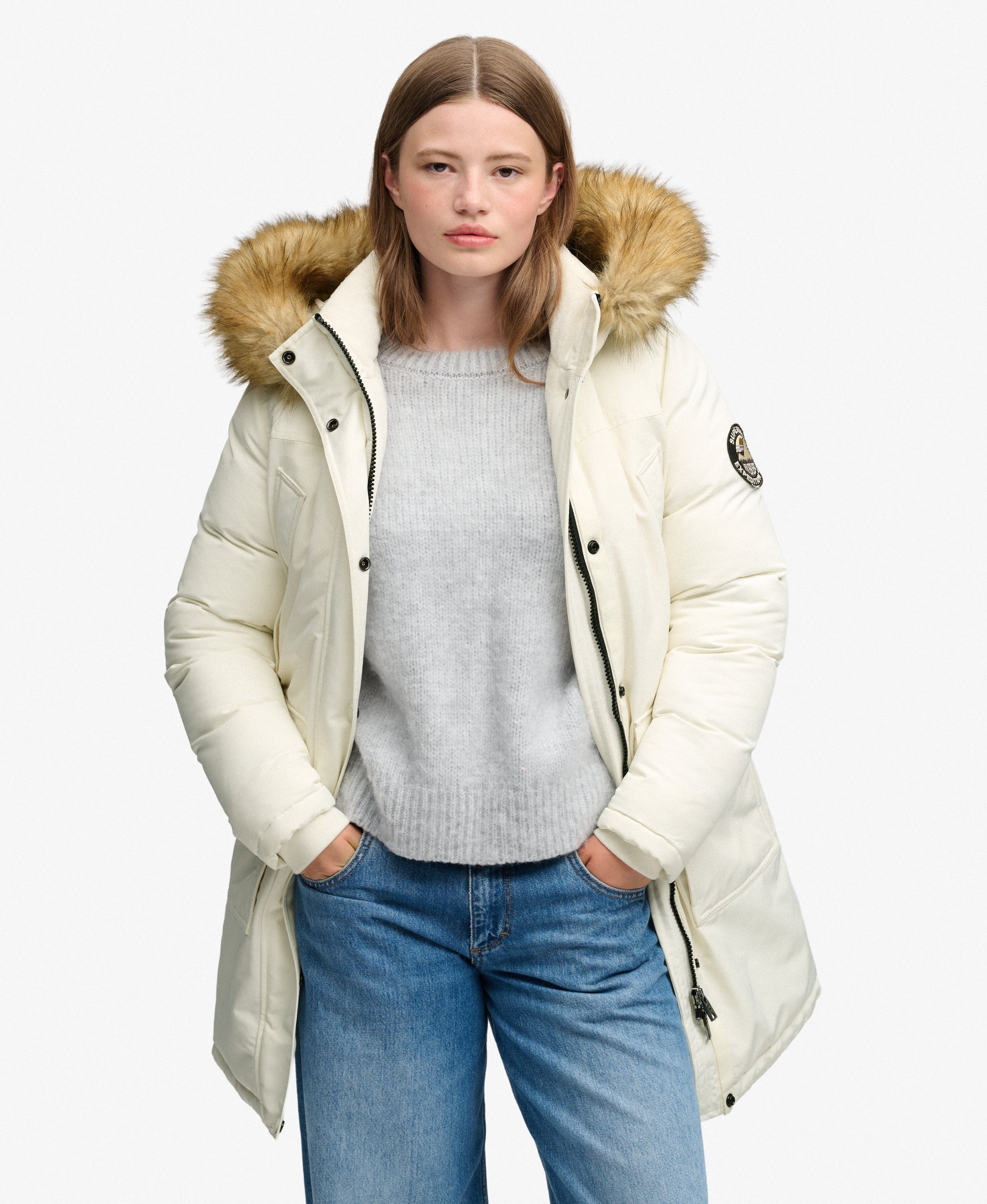 womens Everest Faux Fur Parka Coat in OFF WHITE | Superdry US