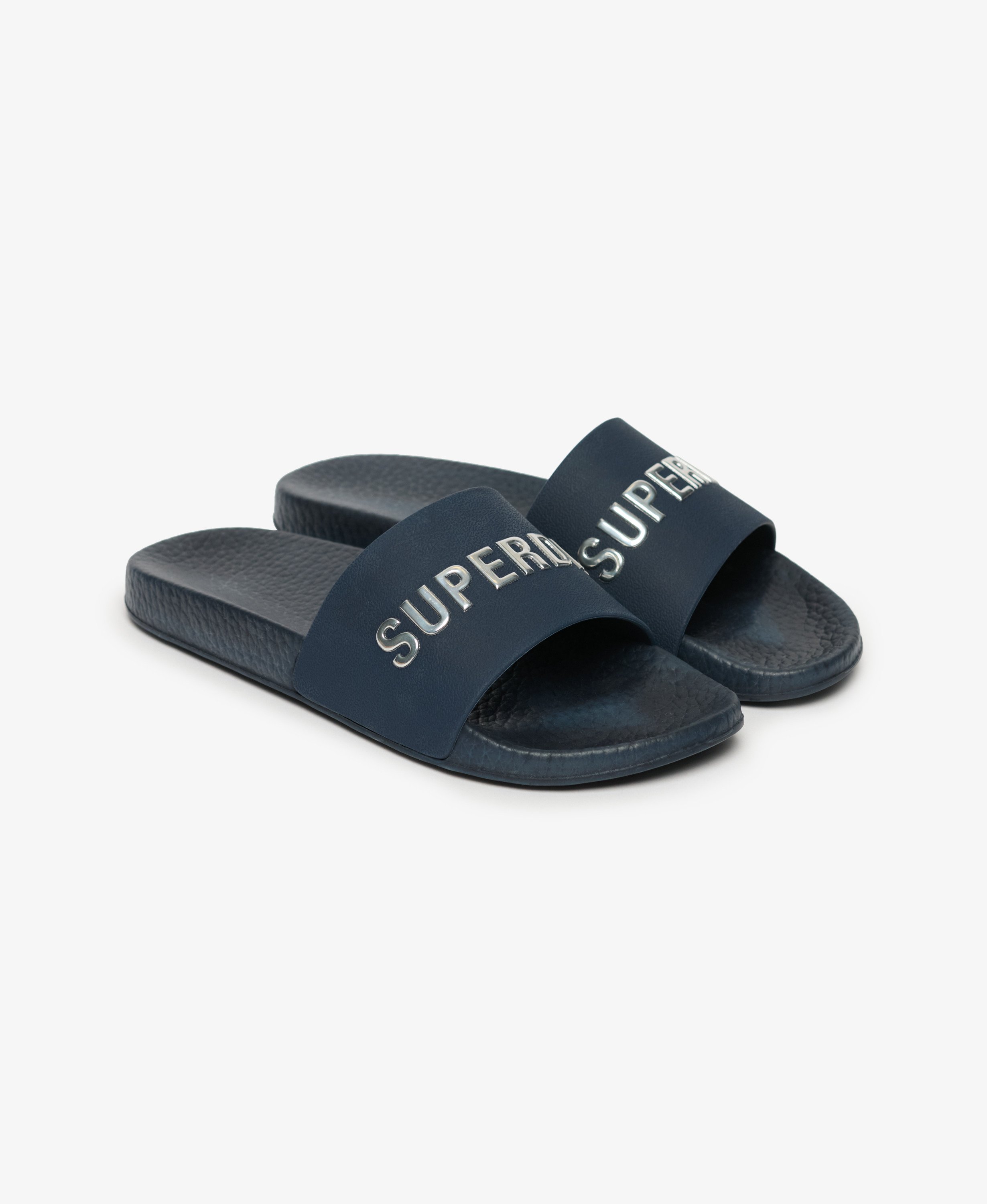 womens Premium Metallic Pool Sliders in Blueberry Navy/Silver | Superdry UK
