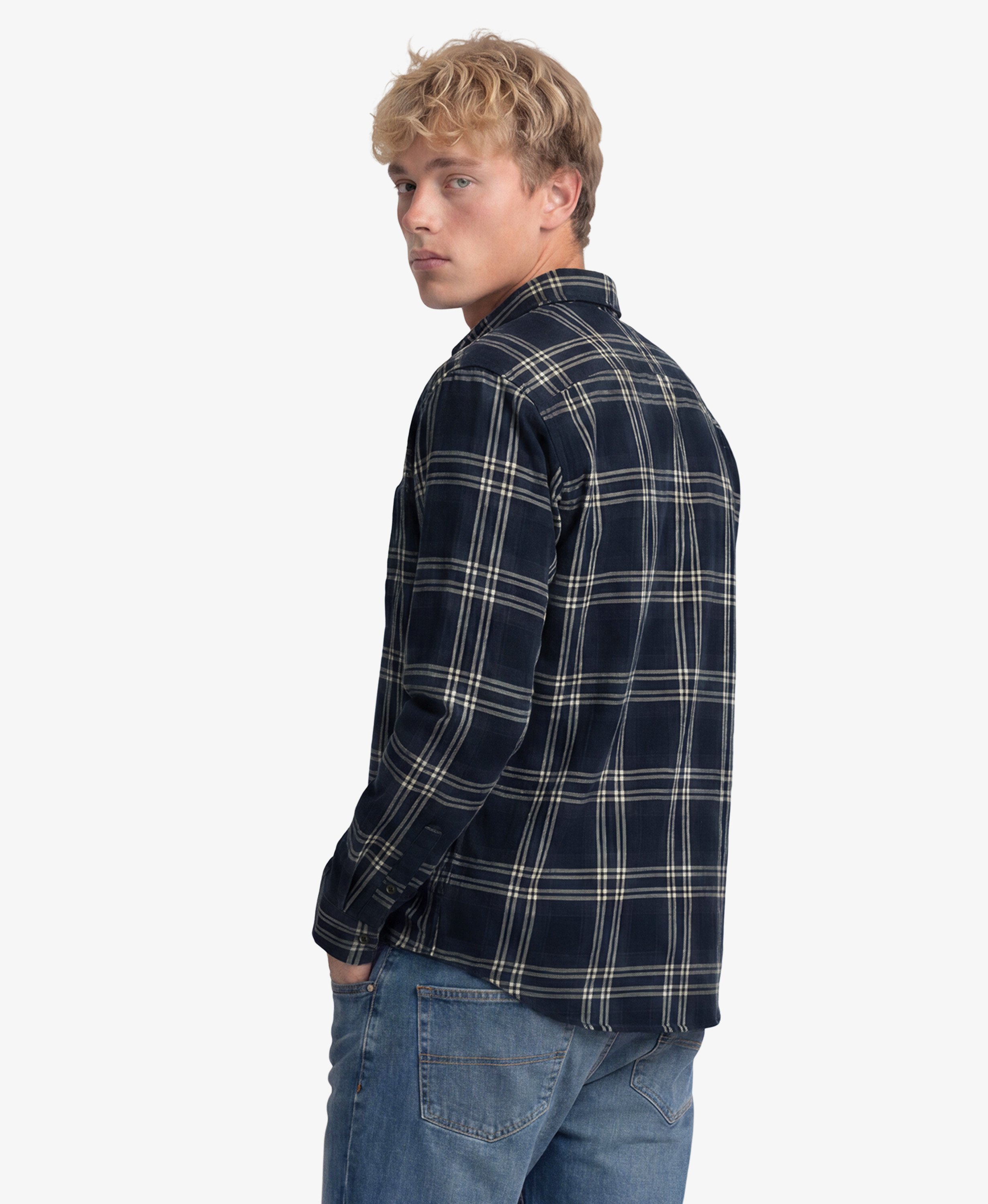 mens Long Sleeve Cotton Lumberjack Shirt in Navy Window Check