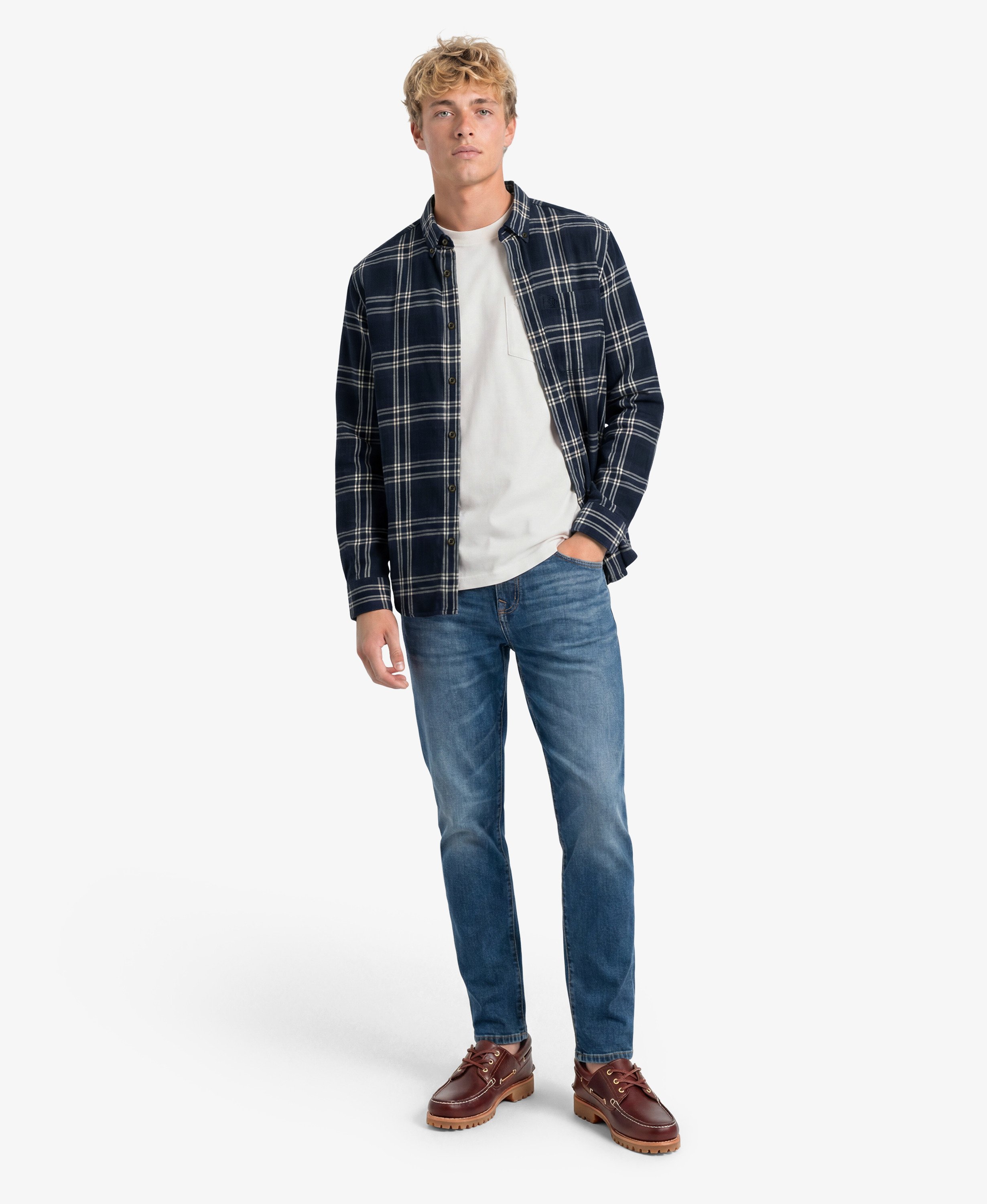 mens Long Sleeve Cotton Lumberjack Shirt in Navy Window Check
