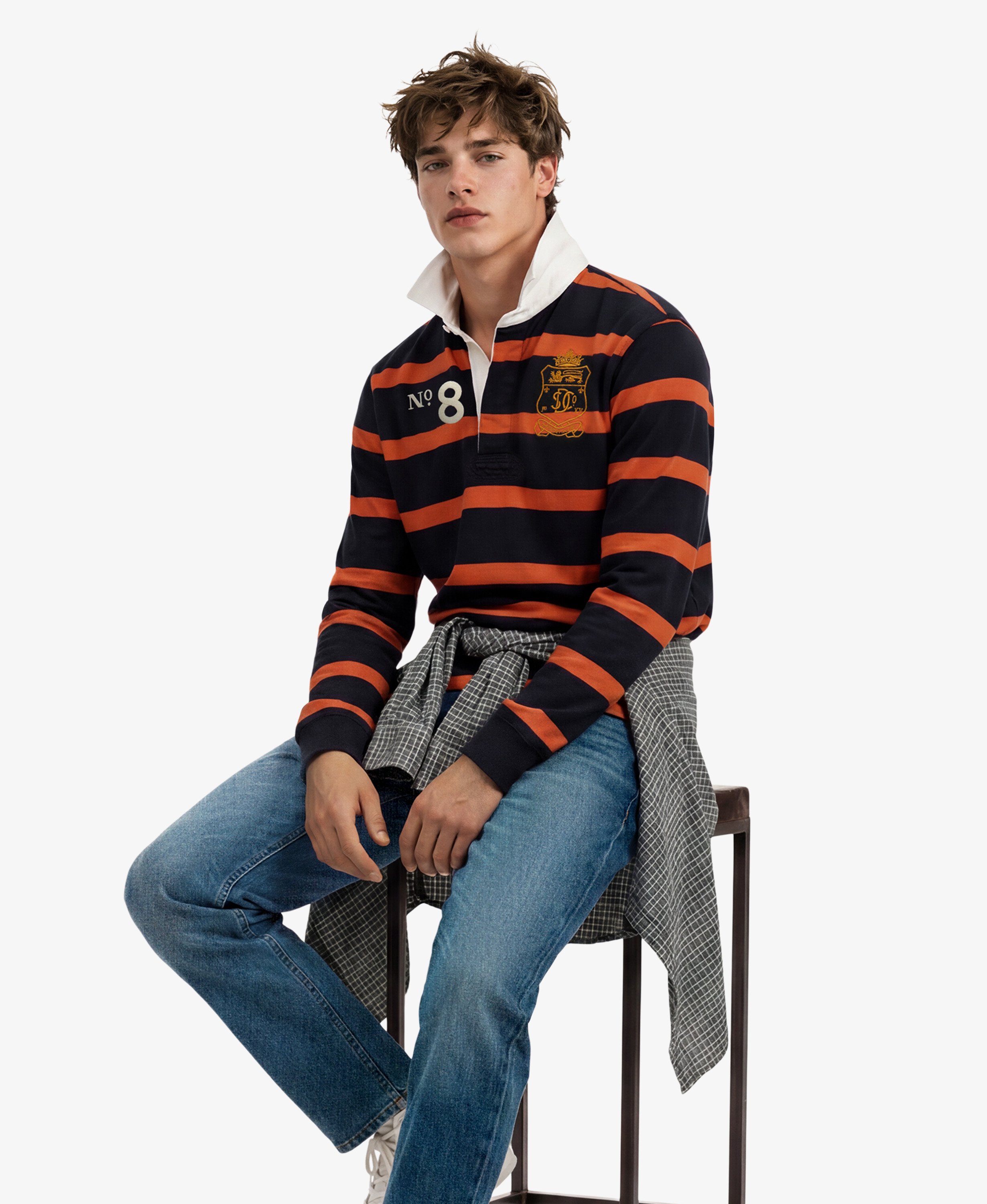 mens Double Emblem Stripe Rugby Top in Navy/Orange Stripe