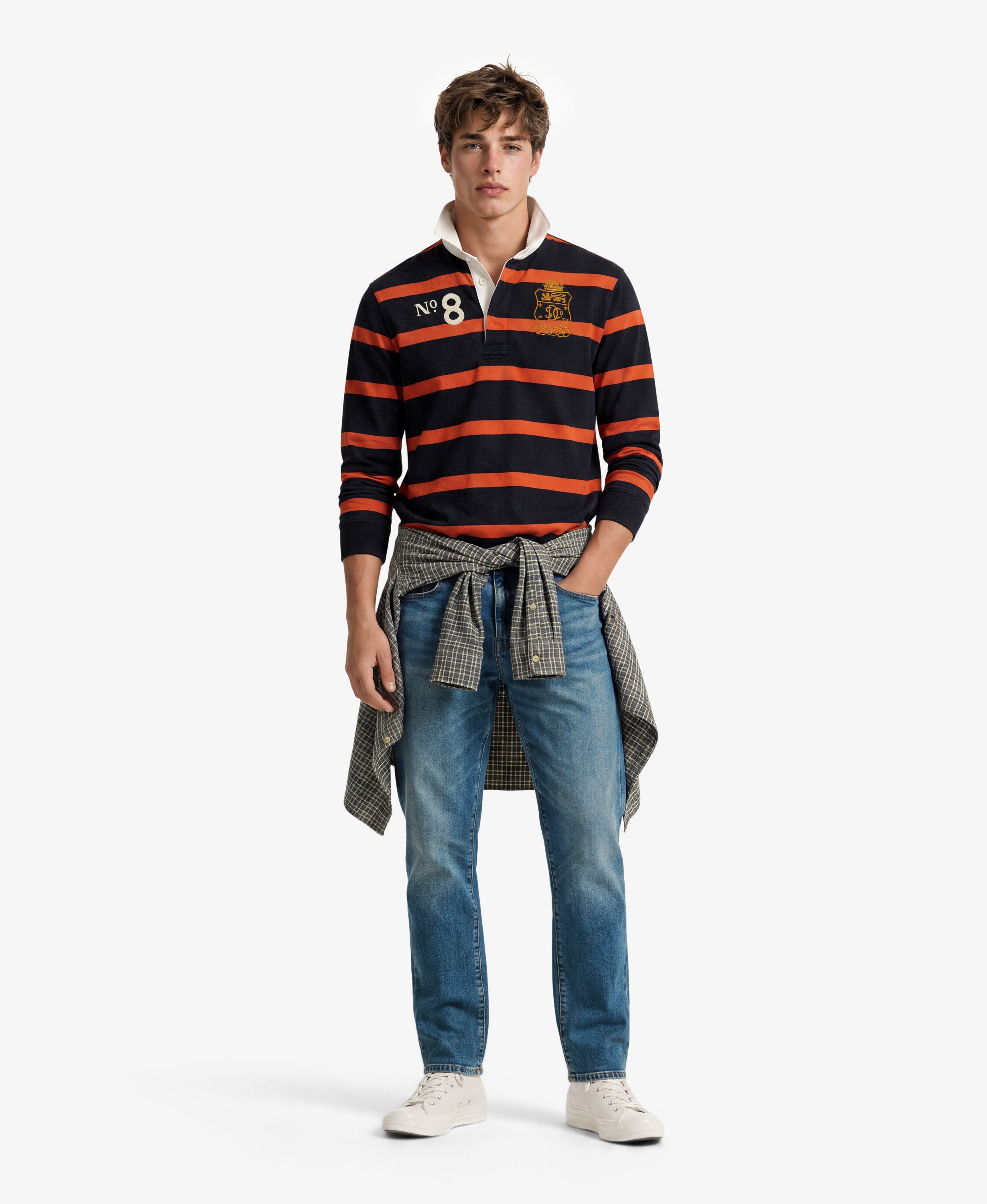 mens Double Emblem Stripe Rugby Top in Navy/Orange Stripe