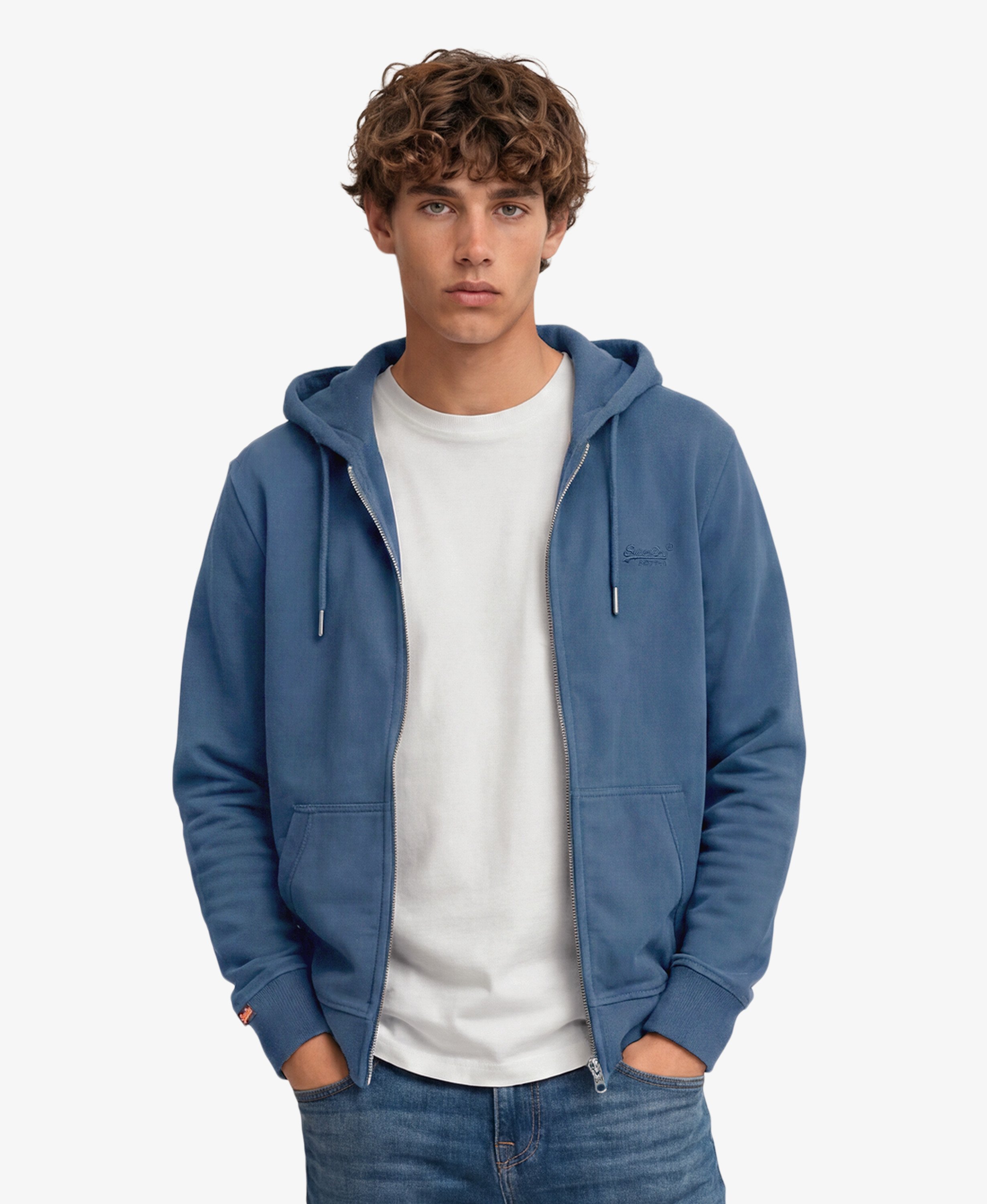 mens Essential Logo Zip Hoodie in Heritage Washed Blue | Superdry US