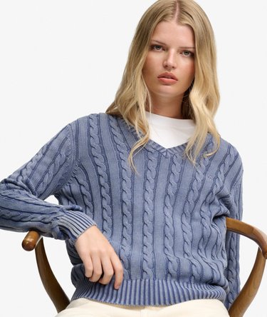 Washed V-hals Cable Sweater slim pasform Image 2