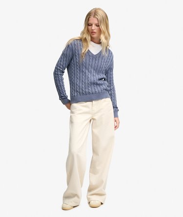 Washed V-hals Cable Sweater slim pasform Image 3