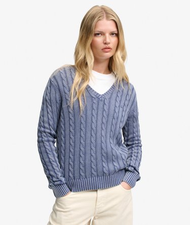 Washed V-hals Cable Sweater slim pasform Image 1