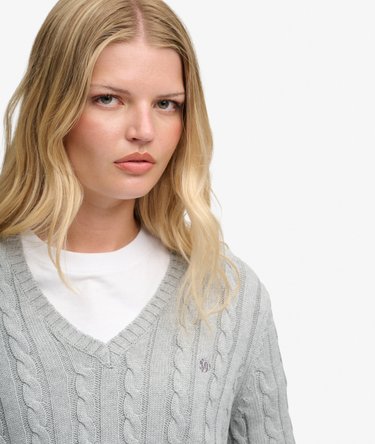 Washed V Neck Cable Jumper Image 4