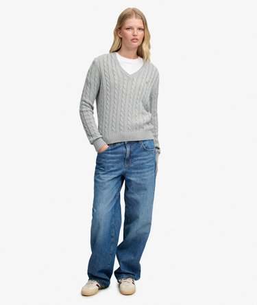 Washed V Neck Cable Jumper Image 3