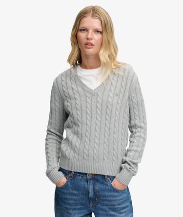 Washed V Neck Cable Jumper Image 1