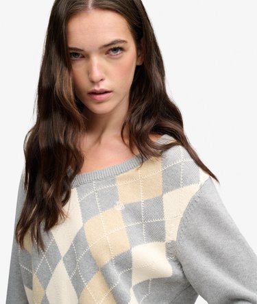 Argyle-Pullover mit V-Ausschnitt lockere Passform Image 4