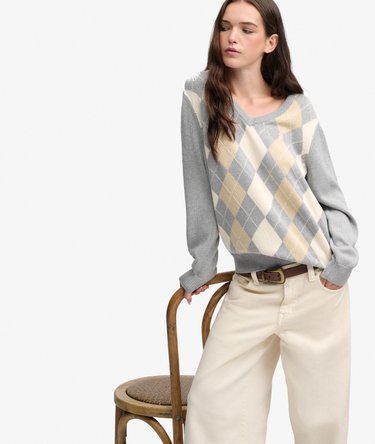 Argyle-Pullover mit V-Ausschnitt lockere Passform Image 2