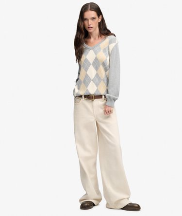 Argyle-Pullover mit V-Ausschnitt lockere Passform Image 3
