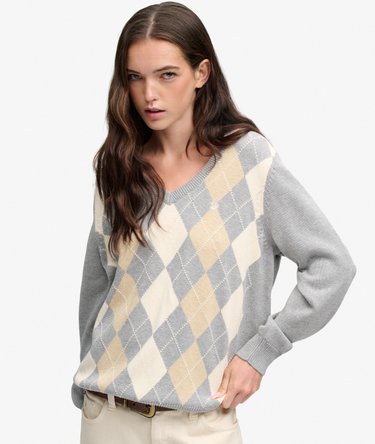 Argyle-Pullover mit V-Ausschnitt lockere Passform Image 1
