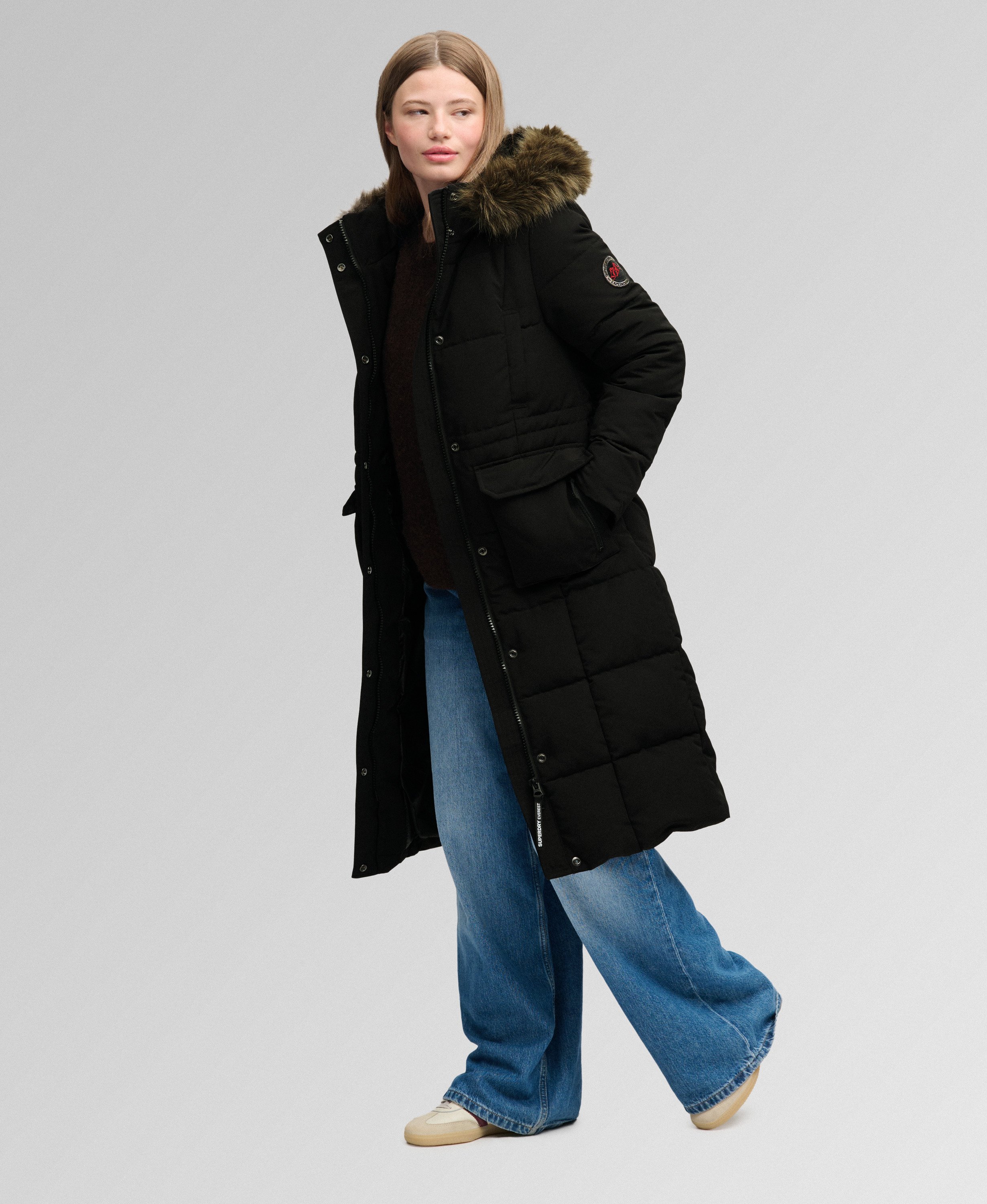 womens Everest Longline Puffer Coat in JET BLACK | Superdry US